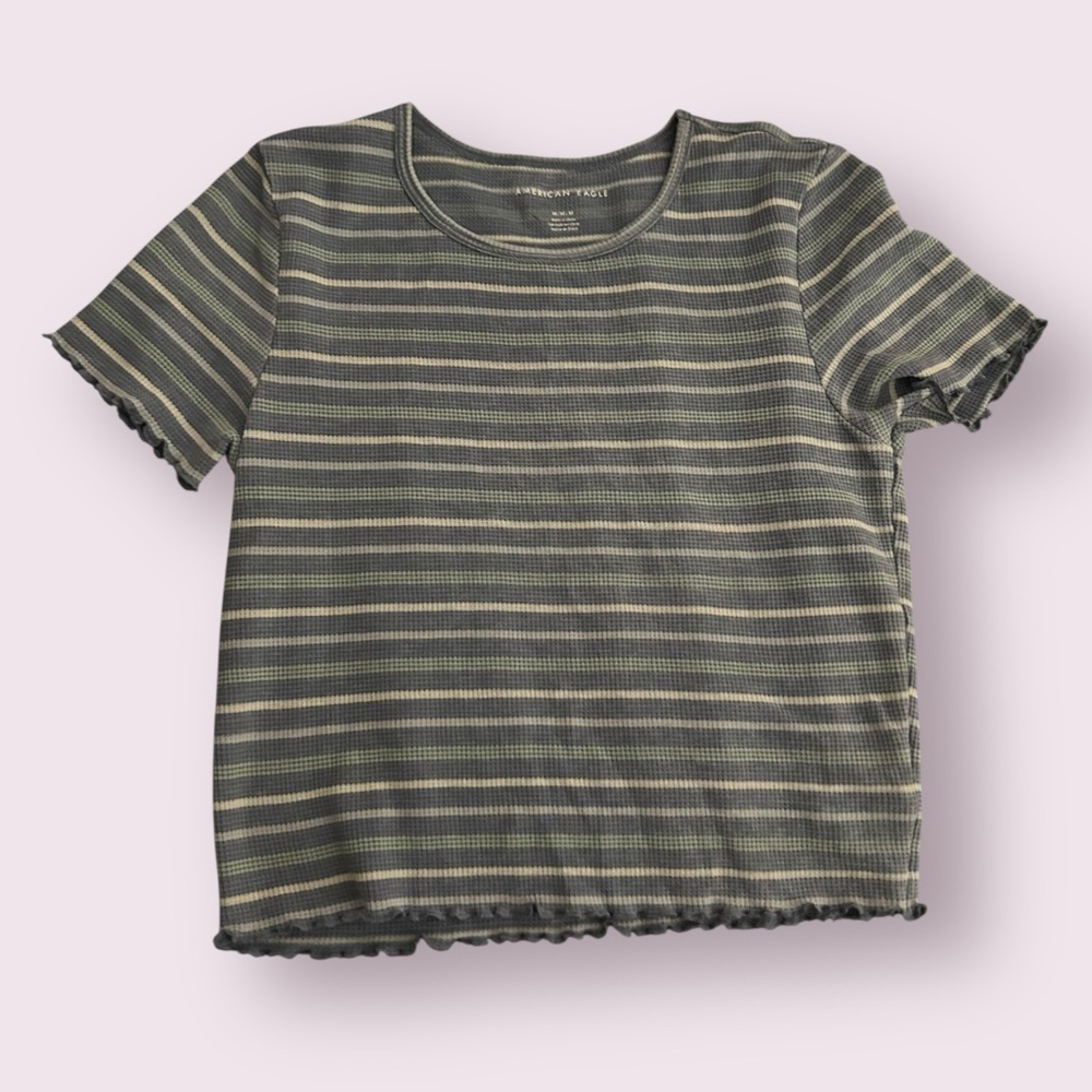 Striped Blue Crop Top w/ scalloped detail